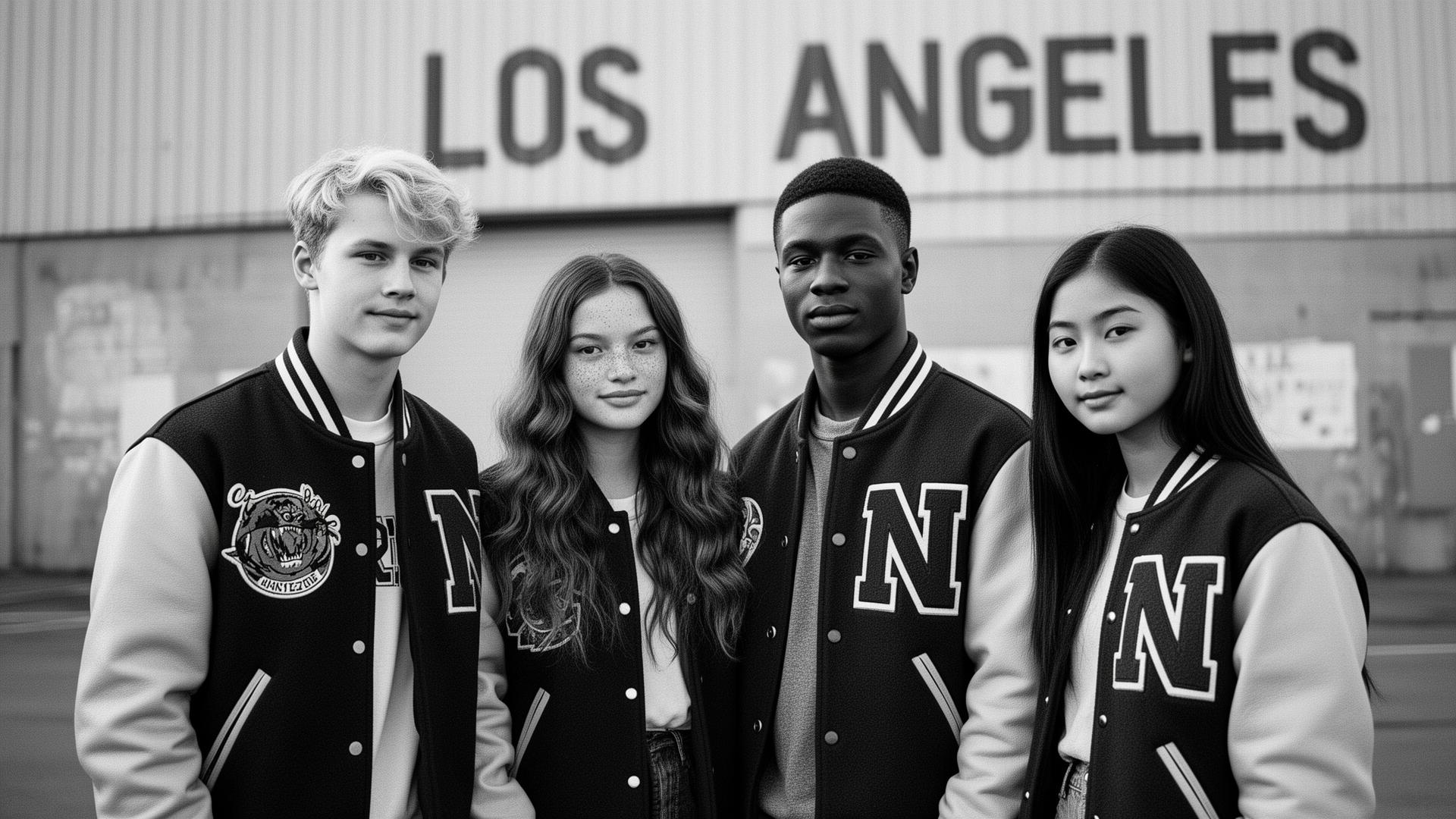 Two friends in custom varsity jackets in front of a Los Angeles warehouse